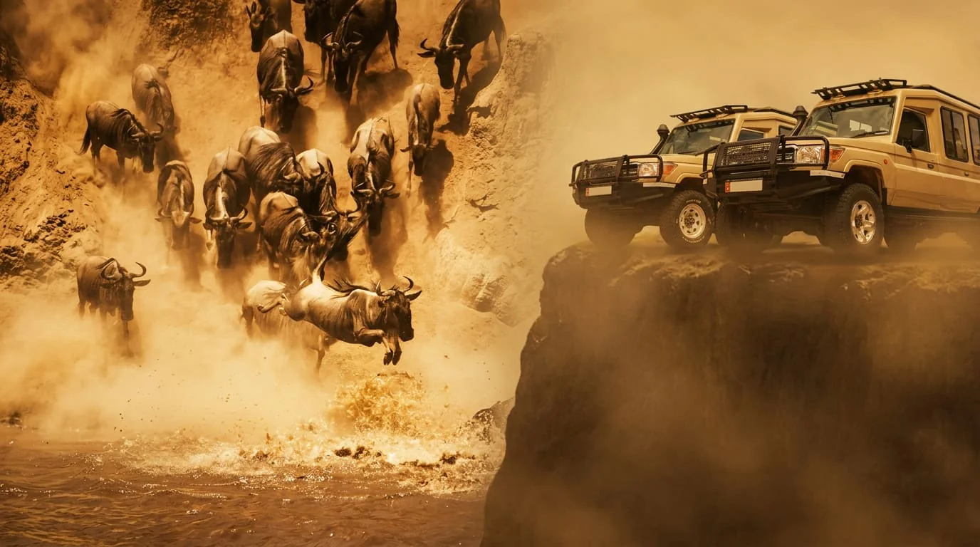 Safari vehicle on the plains during the Great Migration