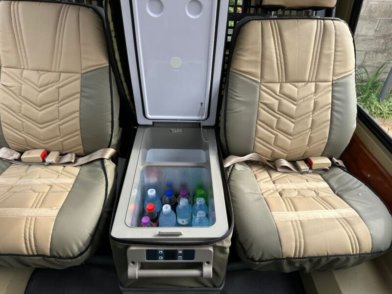 Built-in cooler box in a Jackal Adventures safari vehicle