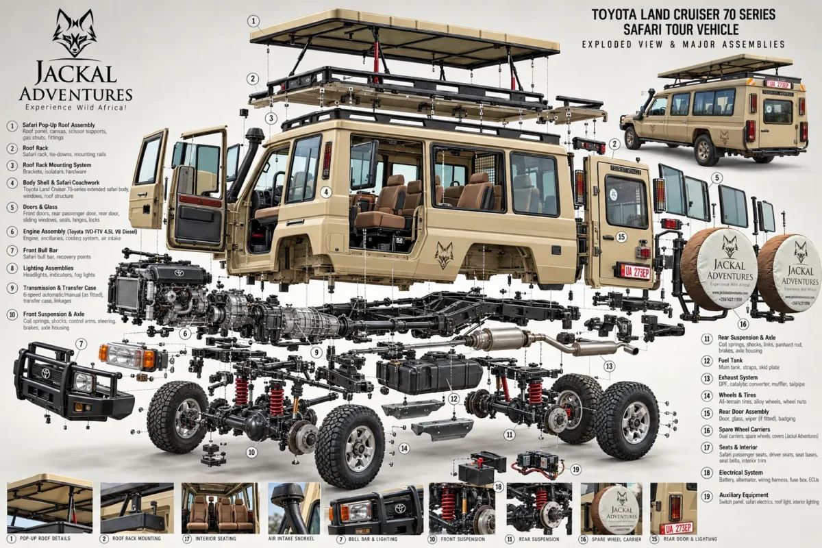 Exploded view of a Jackal Adventures Toyota Land Cruiser 70-Series safari vehicle showing all major assemblies
